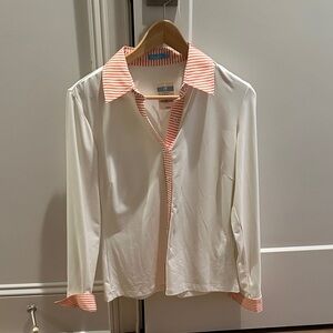 J. McLaughlin Striped Trim White Button-Up Shirt - Pink Stripe Detail